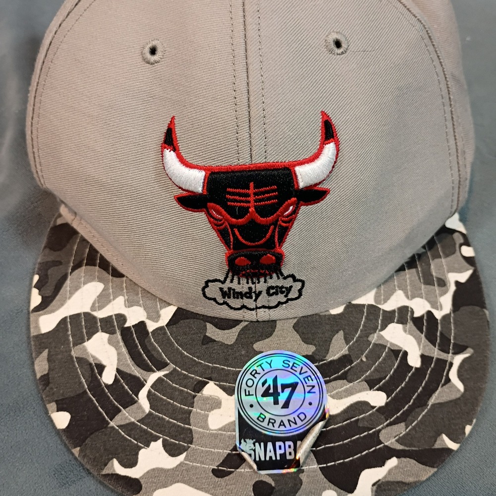 47 Brand Chicago Bulls Windy City Snapback Hat Grey Camo NBA Hardwood Classics